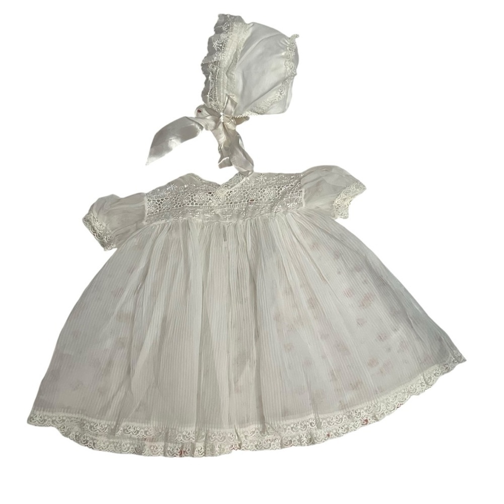Vintage White Lace Sheer Baby Dress and Bonnet Baptism Set